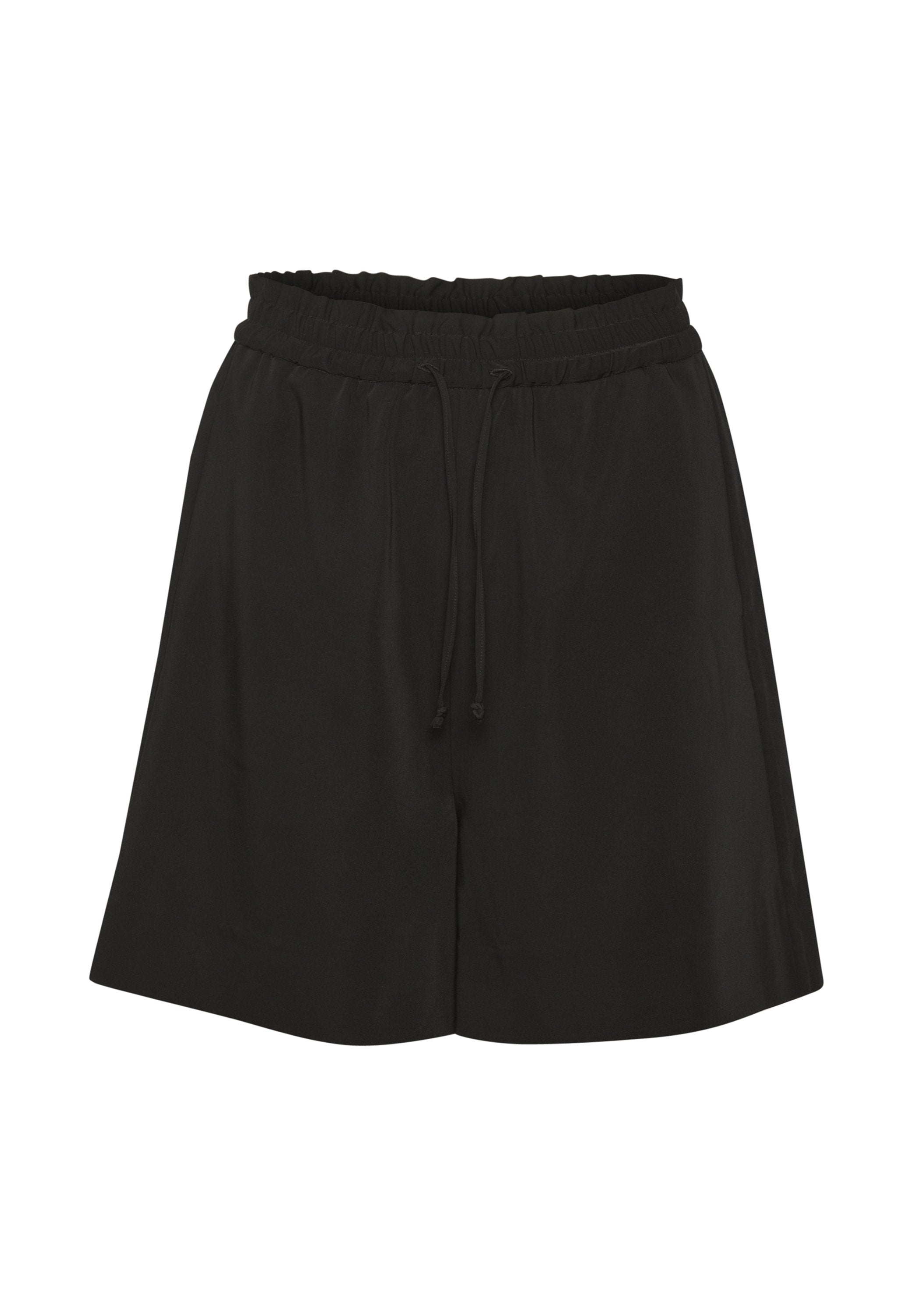 Schwarze Shorts mit Gummibund und Kordelzug. Aus einem glatten Stoff gefertigt, mit lockerer Passform und geradem Bein-Design.