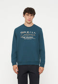 Junger Mann mit dunklem lockigem Haar, der ein türkisfarbenes Sweatshirt mit beigem Schriftzug „O'Neill California Santa Cruz Surf Supply Co.“ trägt.