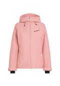 Rosafarbene Softshelljacke mit Kapuze, Reißverschluss, Seitentaschen und schwarzen Akzenten an den Bündchen. Mit "O'Neill"-Logo auf der Brust. Glatte Textur.