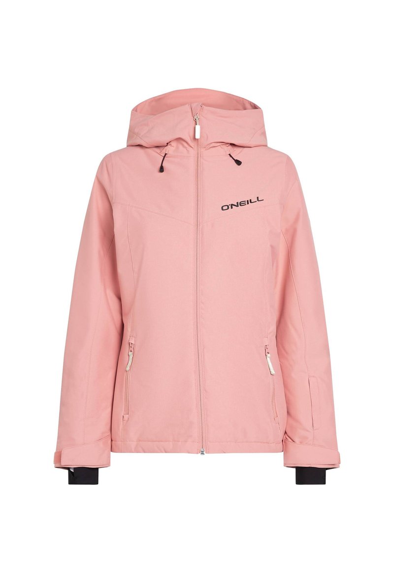 Rosafarbene Softshelljacke mit Kapuze, Reißverschluss, Seitentaschen und schwarzen Akzenten an den Bündchen. Mit "O'Neill"-Logo auf der Brust. Glatte Textur.