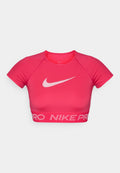 Rosa Nike Pro Sport-BH mit rundem Ausschnitt, kurzen Ärmeln und kontrastierendem weißen Logo sowie einem gebrandeten Band am unteren Ende.
