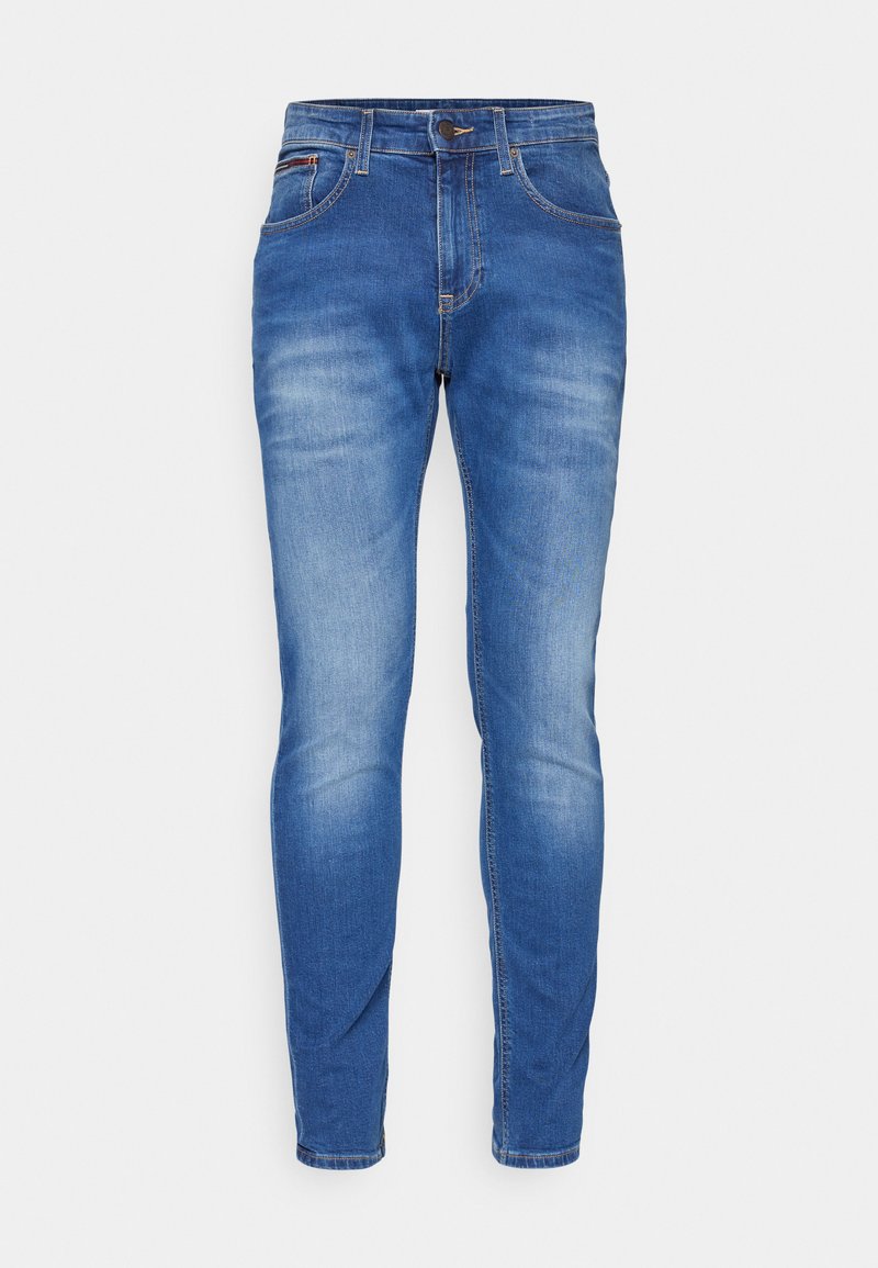 Blaue Jeans aus Denim mit slim-fit Design, mit einem verwaschenen Finish, im Five-Pocket-Stil und Knopfverschluss am Bund.