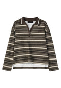 Braun-beige gestreiftes Langarm-Polohemd mit Kragen, strukturiertem Stoff und seitlichem Schlitz am Saum. Verfügt über eine Knopfleiste.