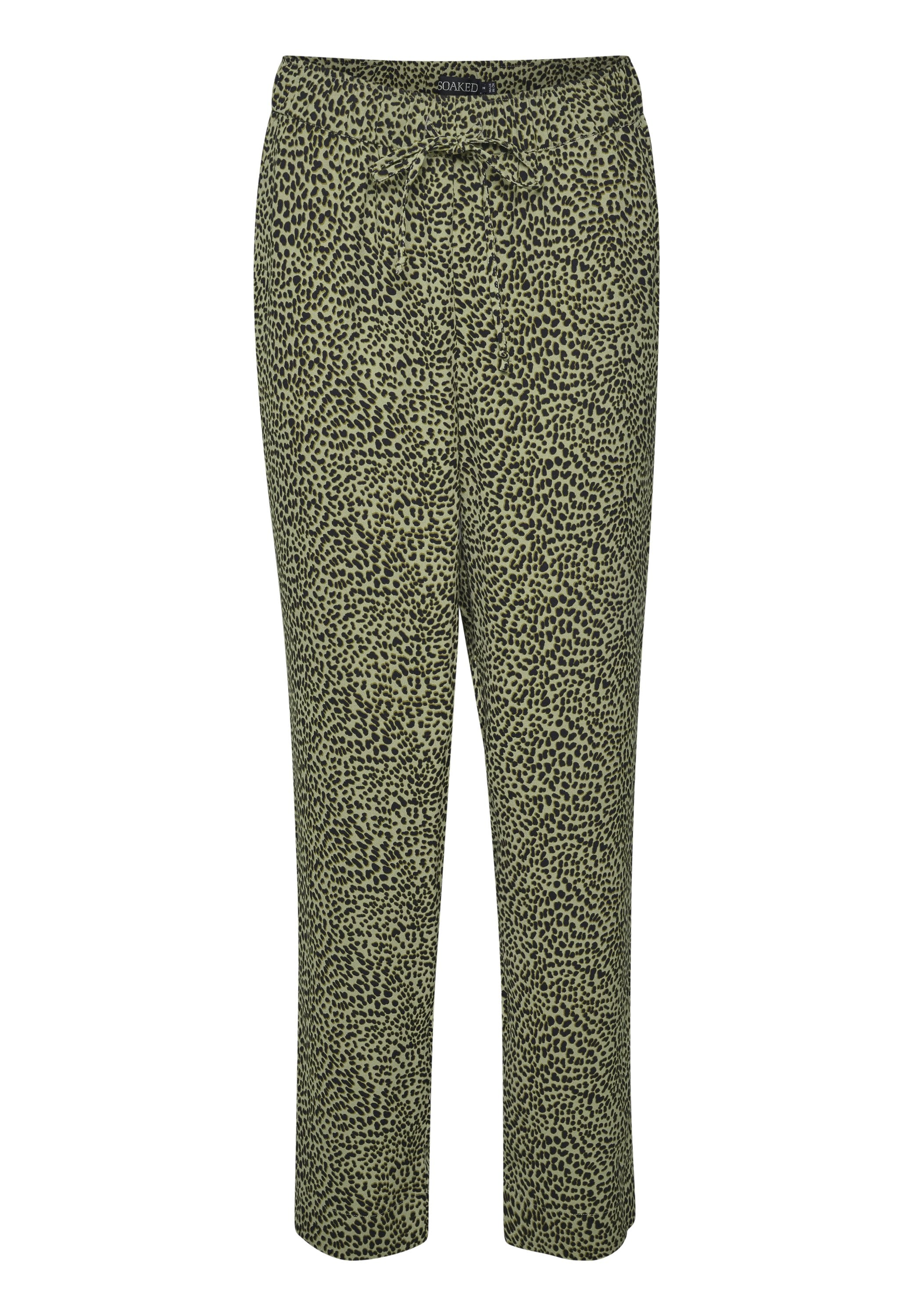 Grüne Leopardenmuster-Hosen aus strukturiertem Stoff. Mit einem elastischen Bund und Kordelzug. Gerade Beinform, leichtes Design.
