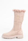 Knöchelhohe, rosa Wildlederstiefel mit einem Kunstpelzbesatz, flacher Sohle und gesteppten Details. Verfügt über eine Gummisohle für guten Halt.