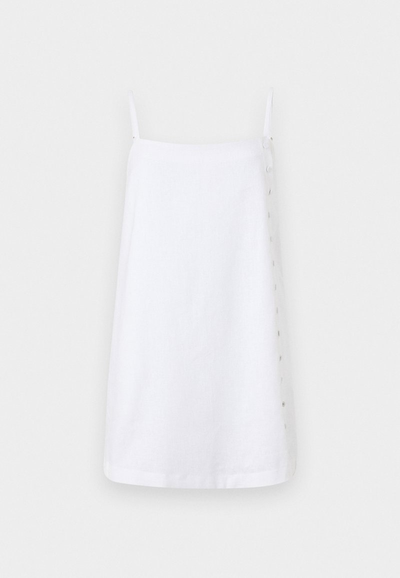 Weißes Leinenkleid mit dünnen Trägern, geradem Schnitt und seitlichem Knopfverschluss. Glatte Textur mit minimalistischem Design.
