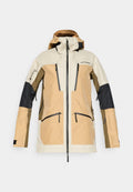 Wasserdichte Jacke aus GORE-TEX-Stoff, mit einem Design in beige, tan und schwarz im Farbblockstil, verstellbarer Kapuze und zwei Reißverschlusstaschen.