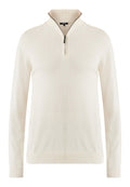 Cremfarbener Pullover mit Viertelreißverschluss aus weichem Material, mit geripptem Kragen und Bündchen, einem Reißverschluss und einer glatten Textur. Einfaches und minimalistisches Design.