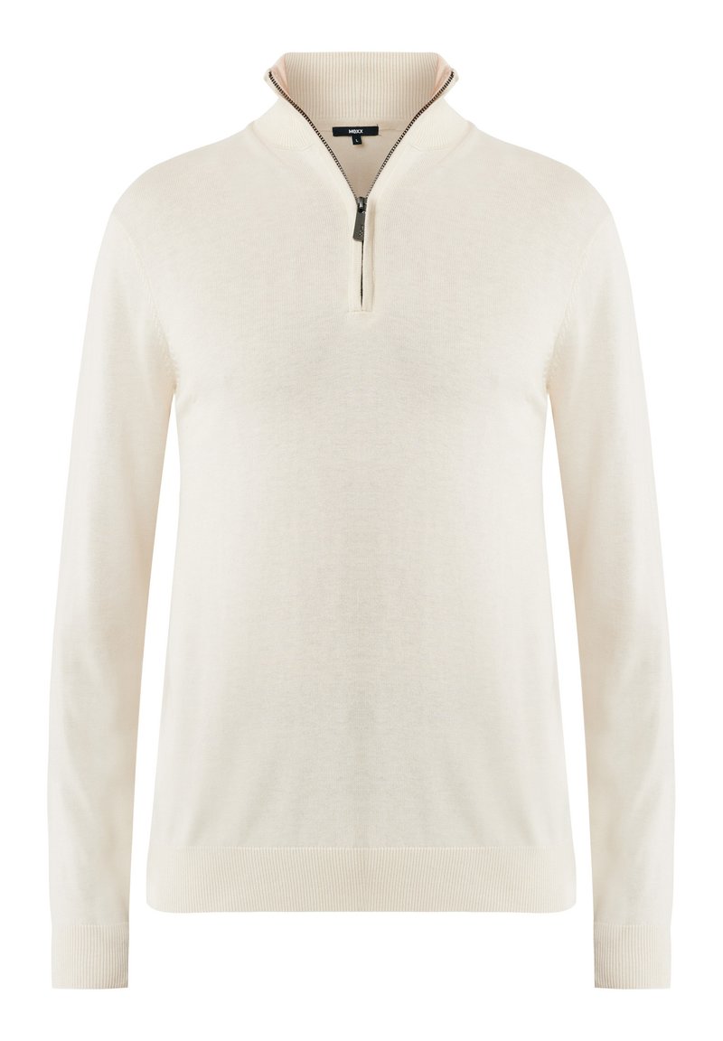 Cremfarbener Pullover mit Viertelreißverschluss aus weichem Material, mit geripptem Kragen und Bündchen, einem Reißverschluss und einer glatten Textur. Einfaches und minimalistisches Design.