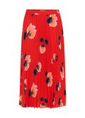 Rote Plisseerock mit floralem Druck in Pink, Orange und Schwarz. Entworfen mit einem elastischen Bund und einer fließenden Textur.