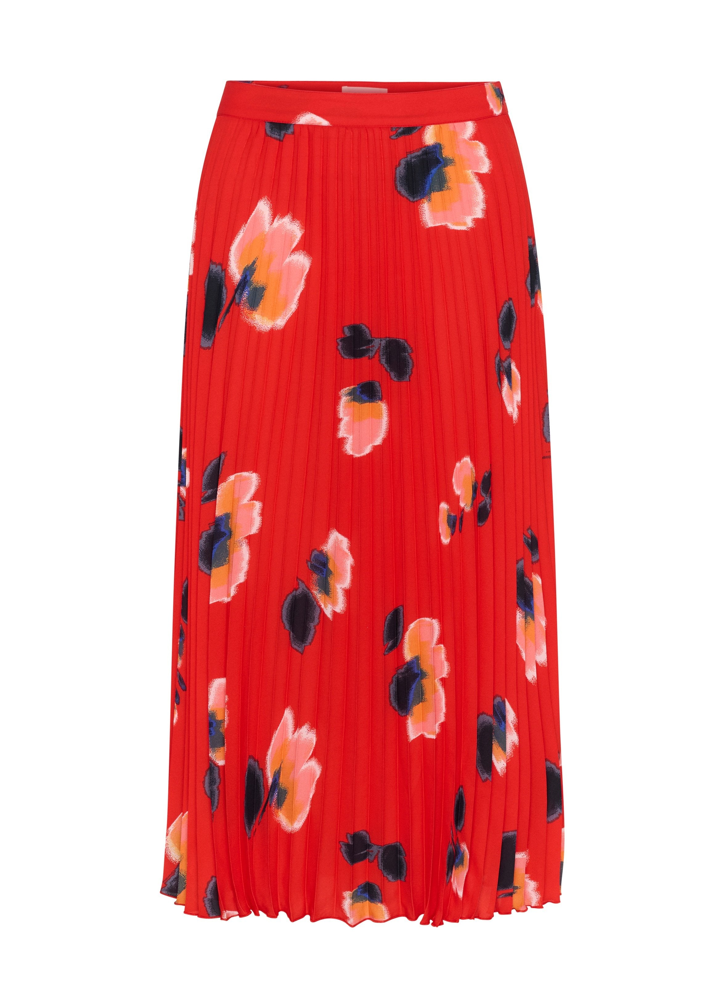 Rote Plisseerock mit floralem Druck in Pink, Orange und Schwarz. Entworfen mit einem elastischen Bund und einer fließenden Textur.