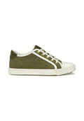 Olivgrüner Canvas-Sneaker mit weißer Gummisohle, cremfarbenen Akzenten und goldenen Ösen; verfügt über ein Schnürdesign und strukturierter Stoff.