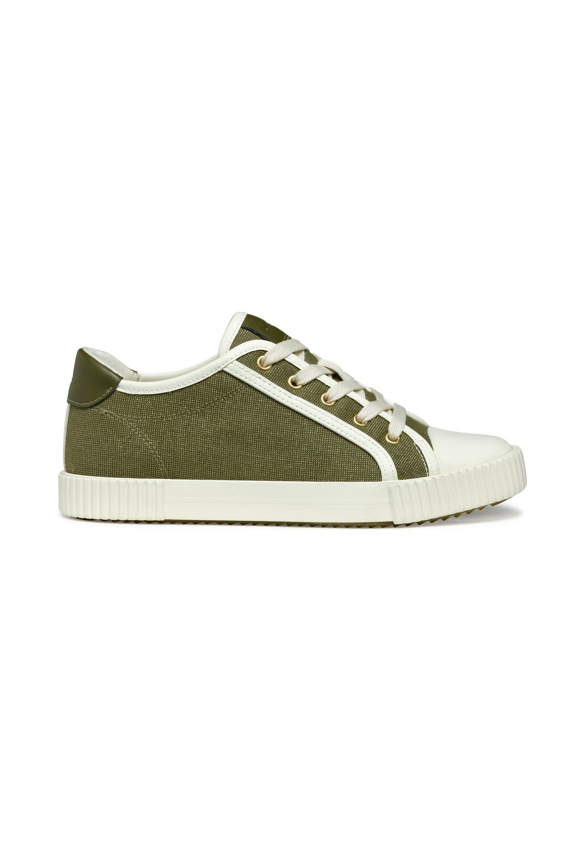 Olivgrüner Canvas-Sneaker mit weißer Gummisohle, cremfarbenen Akzenten und goldenen Ösen; verfügt über ein Schnürdesign und strukturierter Stoff.