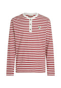 Rot-weiß gestreiftes Langarmshirt mit durchgehender Knopfleiste, rundem Ausschnitt und einem runden Logo-Patch auf der Brust.