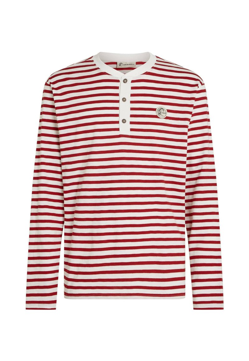 Rot-weiß gestreiftes Langarmshirt mit durchgehender Knopfleiste, rundem Ausschnitt und einem runden Logo-Patch auf der Brust.