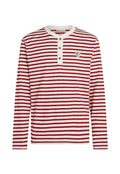 Rot-weiß gestreiftes Langarmshirt mit durchgehender Knopfleiste, rundem Ausschnitt und einem runden Logo-Patch auf der Brust.