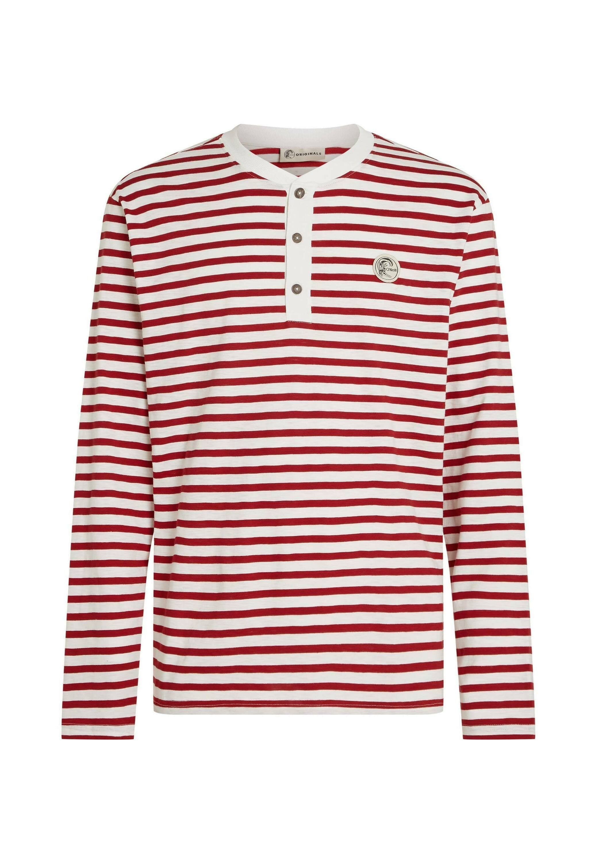 Rot-weiß gestreiftes Langarmshirt mit durchgehender Knopfleiste, rundem Ausschnitt und einem runden Logo-Patch auf der Brust.