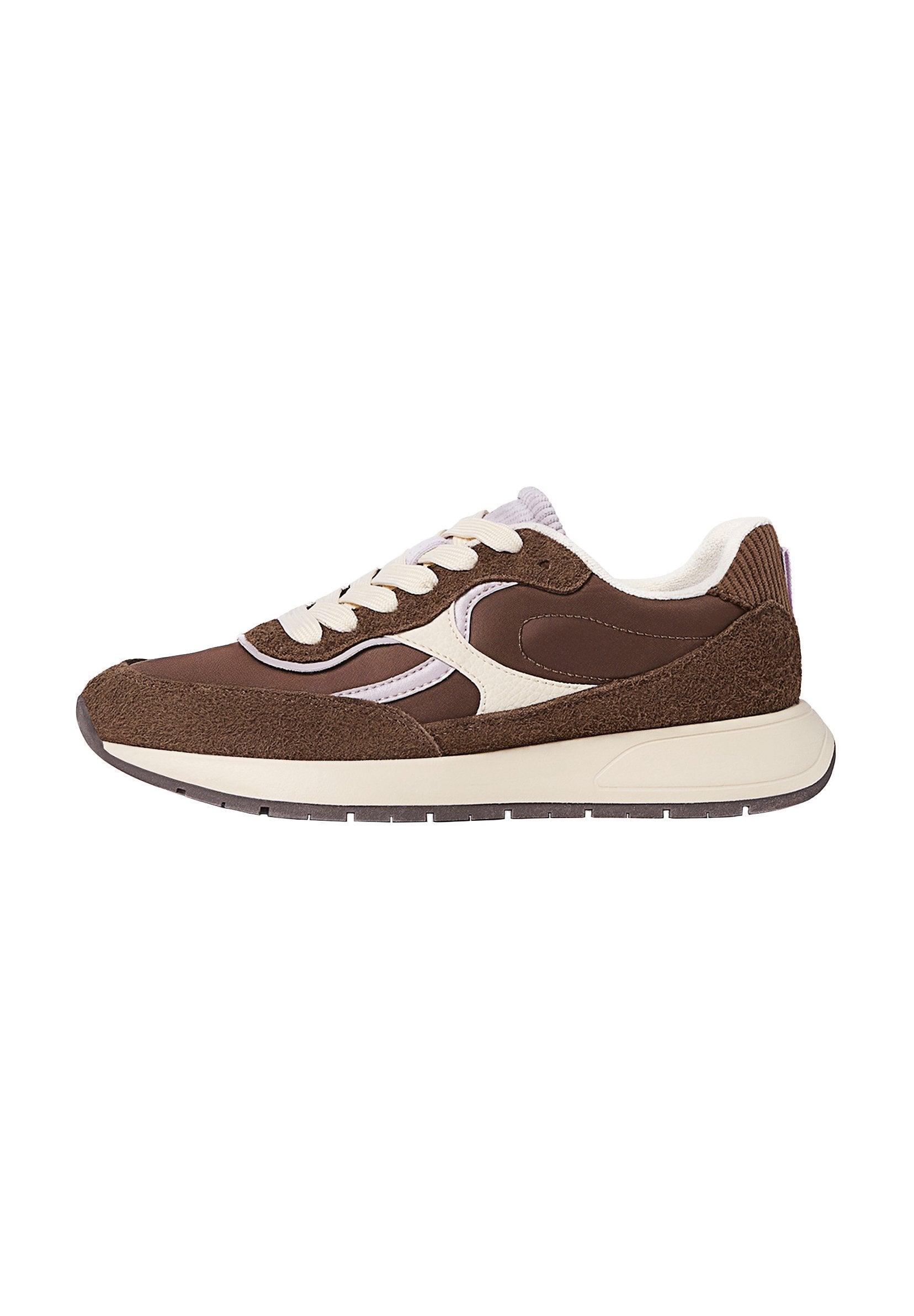 Braune Wildleder- und Leder-Sneaker mit cremefarbenen Akzenten und Schnürsenkeln. Verfügt über ein strukturiertes Obermaterial, eine abgerundete Spitze und eine gepolsterte Sohle.