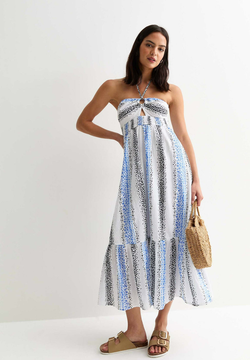 New Look STRIPE FLORAL SHIRRED HALTER NECK MIDI