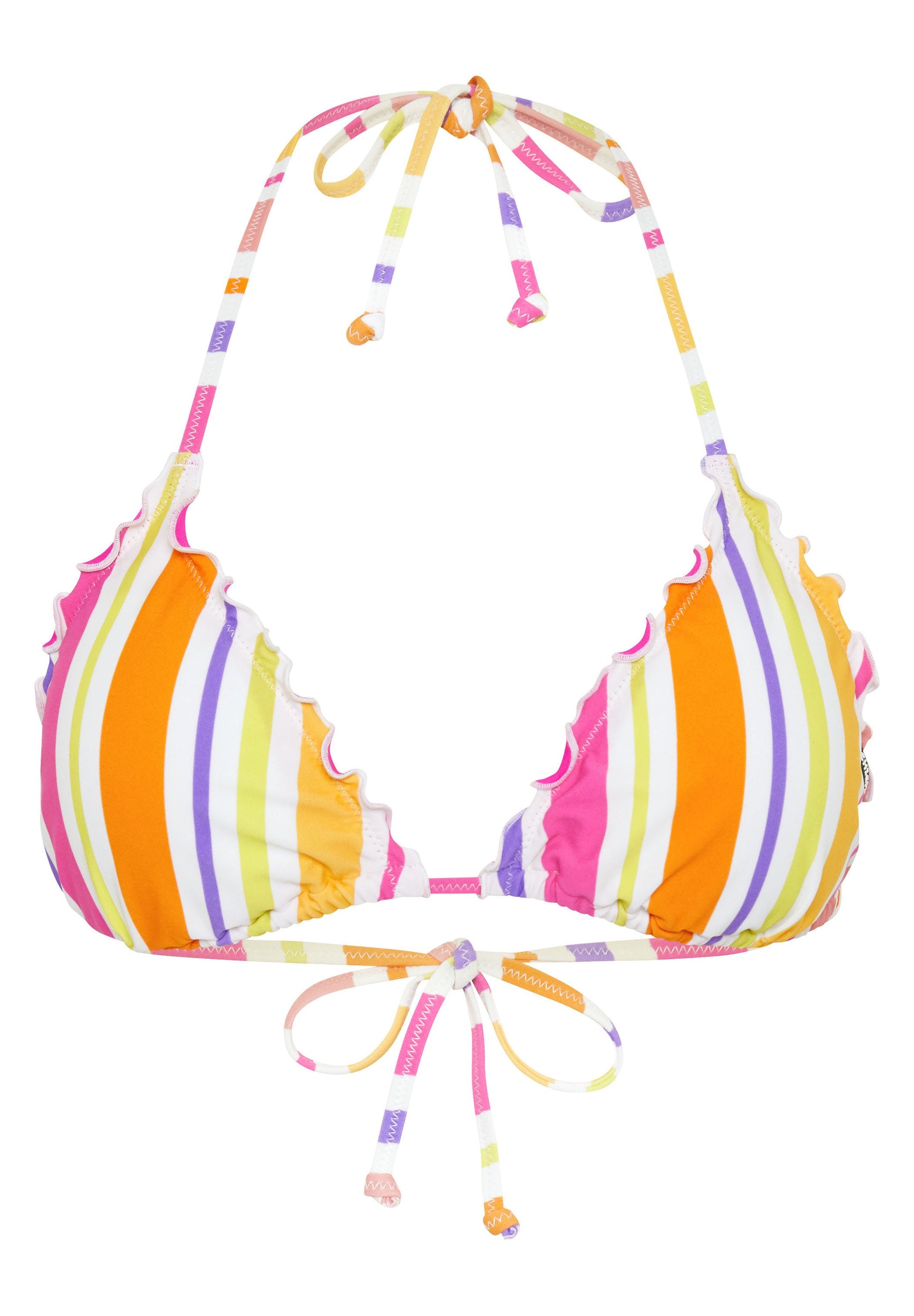 Gestreifter Bikini-Oberteil in pink, orange, gelb und lila Farben. Mit rüschigen Kanten und Bändern zum Binden am Hals und Rücken. Leichter Stoff.
