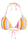Gestreifter Bikini-Oberteil in pink, orange, gelb und lila Farben. Mit rüschigen Kanten und Bändern zum Binden am Hals und Rücken. Leichter Stoff.