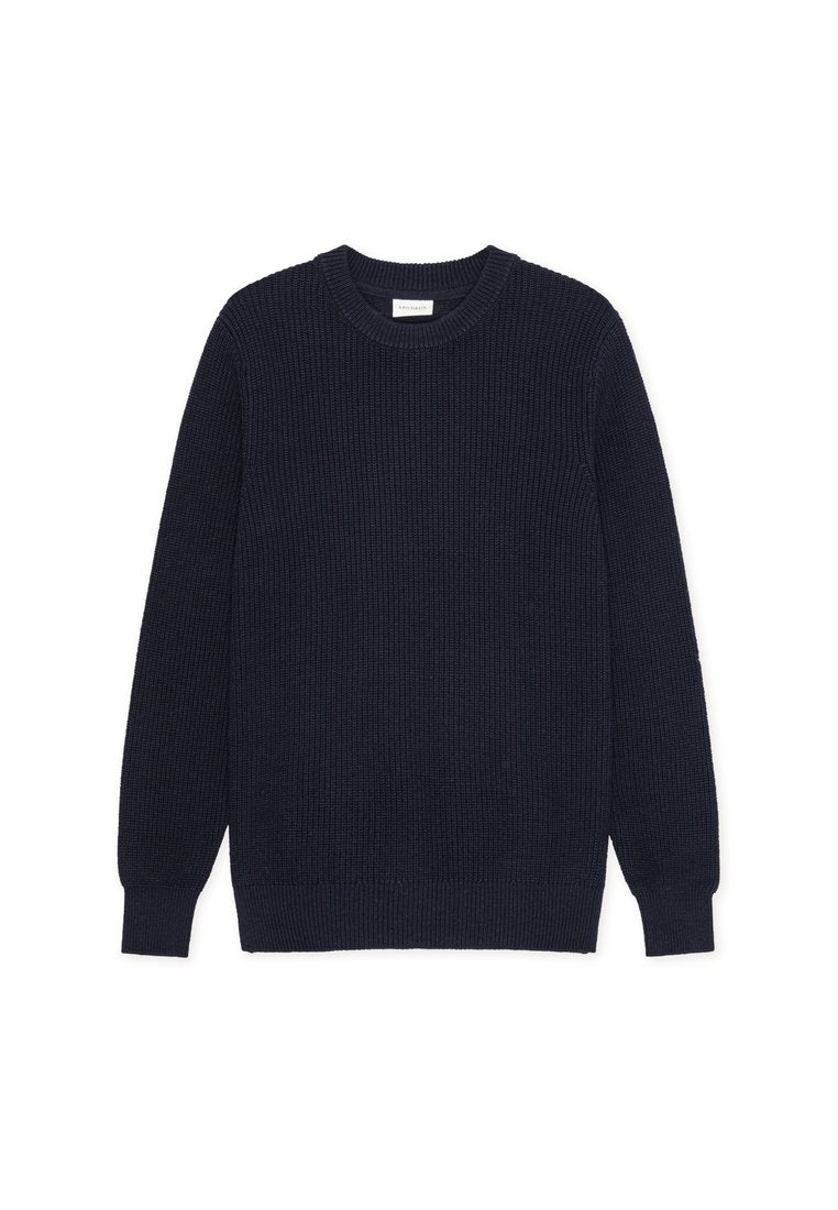 Marineblauer Rippenstrickpullover mit rundem Ausschnitt und langen Ärmeln. Verfügt über eine strukturierte Stoffstruktur mit einem taillierten Saum und Bündchen.