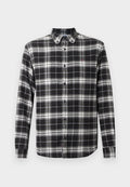 Schwarz-weißer Karomuster-Flanellhemd mit langen Ärmeln, Button-Down-Kragen, standardmäßiger Knopfvornverschluss und einem kleinen Logo auf der Brust.
