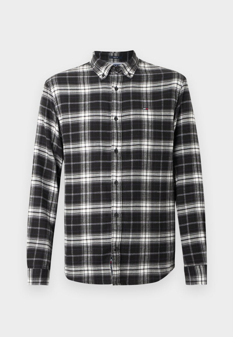 Schwarz-weißer Karomuster-Flanellhemd mit langen Ärmeln, Button-Down-Kragen, standardmäßiger Knopfvornverschluss und einem kleinen Logo auf der Brust.