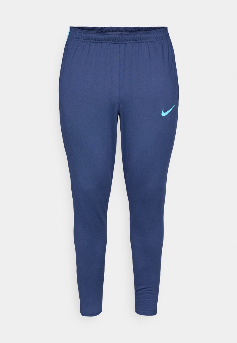 Marineblaue Sporthose aus Stretchstoff, mit elastischem Bund und einem hellblauen Nike-Logo am linken Oberschenkel.