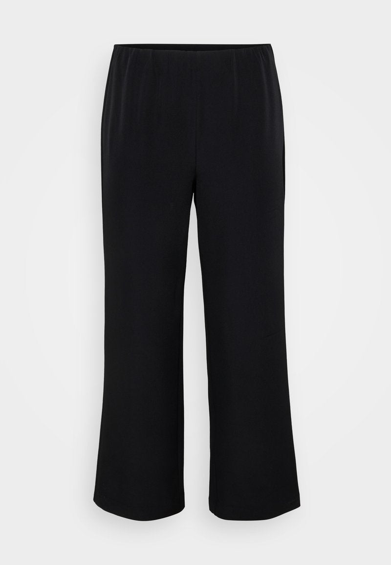Schwarze, weit geschnittene Hosen aus glattem Stoff mit einem elastischen Bund. Einfaches Design, keine Muster oder sichtbaren Beschläge.