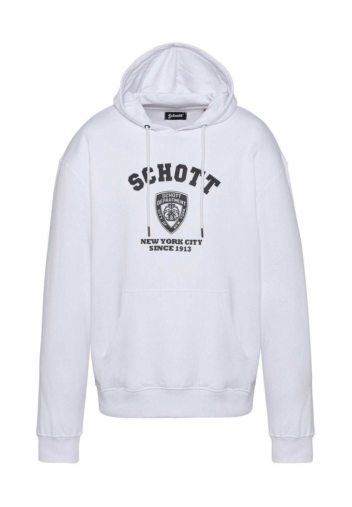 Weißer Pullover mit Kapuze aus weichem Stoff, ausgestattet mit einer Kängurutasche, Kordelzügen und schwarzem Text/Grafiken auf der Vorderseite, einschließlich eines Abzeichen-Logos.