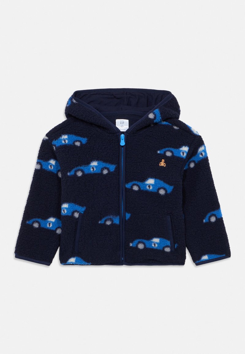 Navyblaue Kinder-Fleecejacke mit Kapuze, mit blauen Rennwagenmustern und Frontreißverschluss.