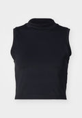 Schwarzes ärmelloses Crop-Top mit hohem Kragen. Hergestellt aus glattem Stoff mit sichtbaren Nähten entlang der Kanten. Einfaches und figurbetontes Design.