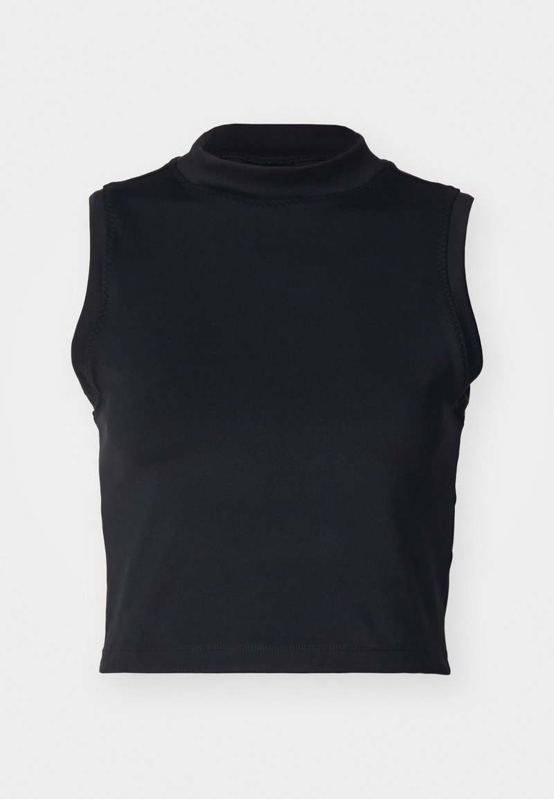 Schwarzes ärmelloses Crop-Top mit hohem Kragen. Hergestellt aus glattem Stoff mit sichtbaren Nähten entlang der Kanten. Einfaches und figurbetontes Design.