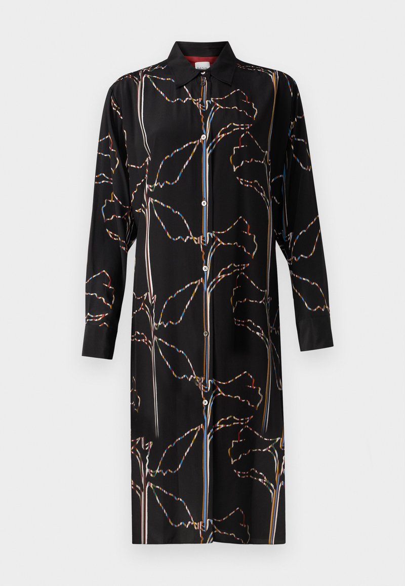 Schwarzes Hemdkleid aus glattem Stoff, mit einem bunten Blumenmuster, Knopfleiste und langen Ärmeln mit Kragen.