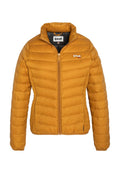 Senfgelb gesteppte Jacke mit Frontreißverschluss, hohem Kragen und Schott-Logo auf der Brust.