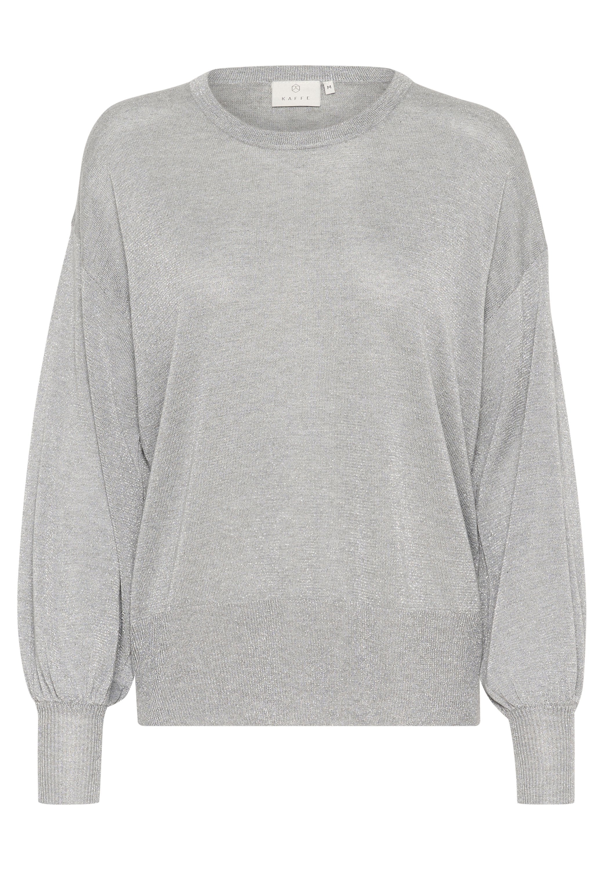 Grau gestrickter Pullover mit lockerer Passform, weiten Ärmeln und gerippten Bündchen. Besitzt einen runden Halsausschnitt und eine weiche, schimmernde Textur.