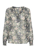 Blumenbluse mit langen Ärmeln aus transparentem Stoff, schwarzem Grund und pastellfarbenen rosa und grünen Blumenmustern, gerafftem Ausschnitt und elastischen Bündchen.