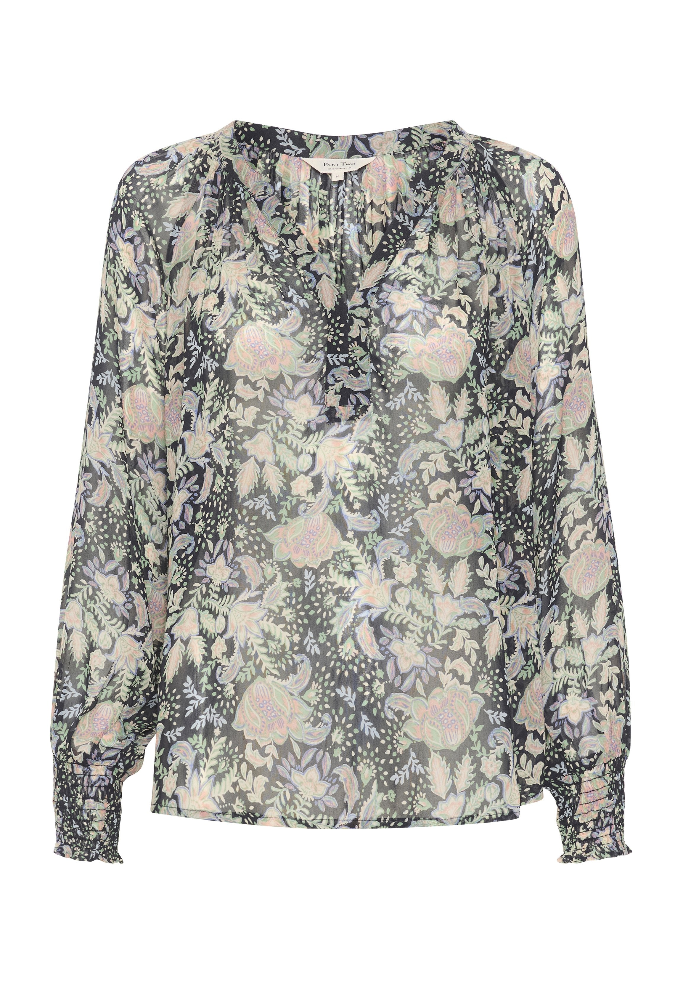 Blumenbluse mit langen Ärmeln aus transparentem Stoff, schwarzem Grund und pastellfarbenen rosa und grünen Blumenmustern, gerafftem Ausschnitt und elastischen Bündchen.
