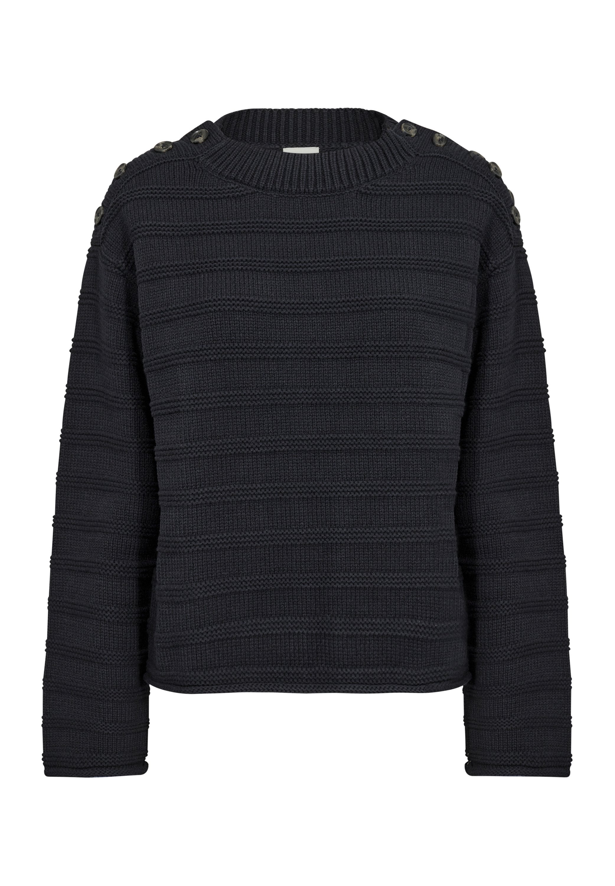 Schwarzer gestrickter Pullover mit horizontalen Streifen, rundem Halsausschnitt und Knopfakzenten an den Schultern. Strukturierter Stoff mit lockerer Passform.