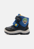 Blaue und schwarze Geox-Stiefel mit gelben Akzenten, zwei Klettverschlussriemen und einem Charakter-Patch. Aus synthetischen Materialien gefertigt, mit strukturiertem Sohlen.