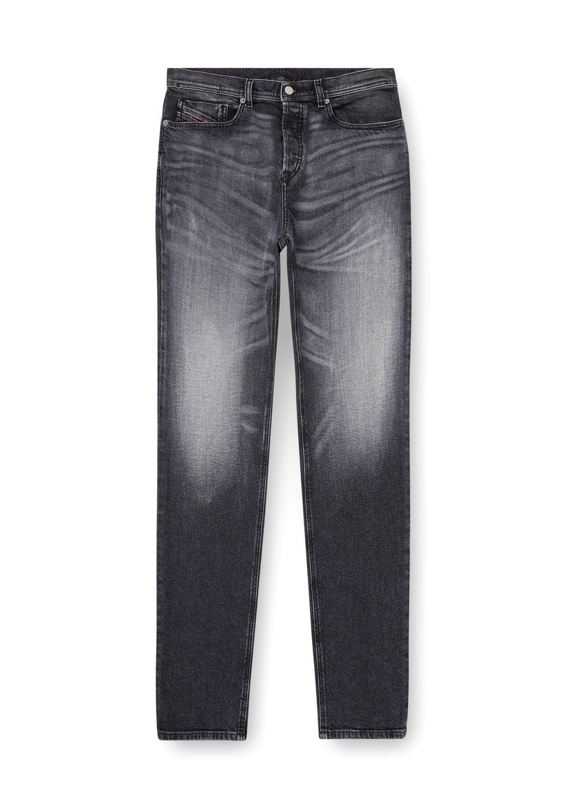 Herren Jeans im Straight-Leg-Schnitt aus dunkelgrauem Denim mit leichter Ausbleichung und Waschung. Verfügt über fünf Taschen und einen Knopfverschluss.