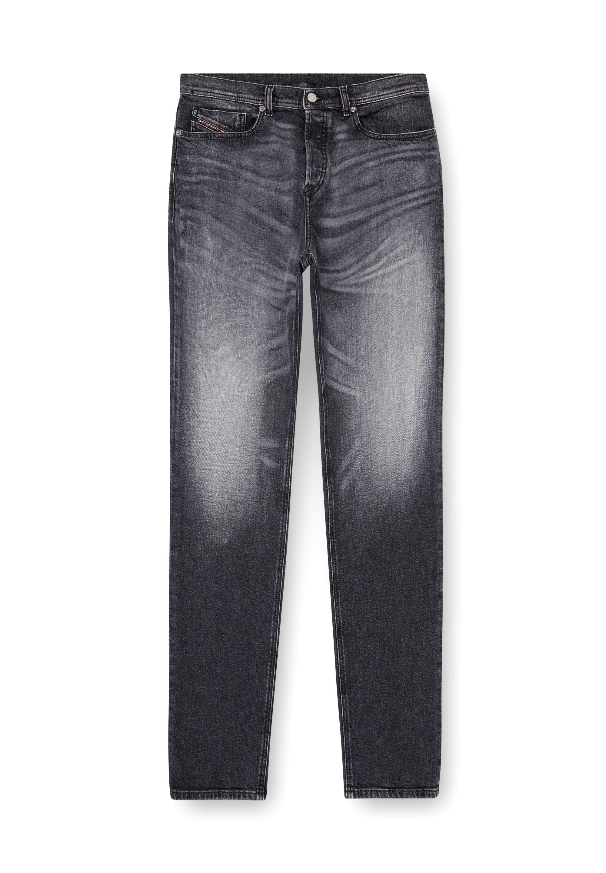 Herren Jeans im Straight-Leg-Schnitt aus dunkelgrauem Denim mit leichter Ausbleichung und Waschung. Verfügt über fünf Taschen und einen Knopfverschluss.