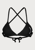 Schwarzer Bikini-Oberteil mit gerippter Textur, dreieckigen Cups und überkreuzten Trägern. Verfügt über verstellbare Bindebänder am Rücken mit einem weißen Logo-Akzent.