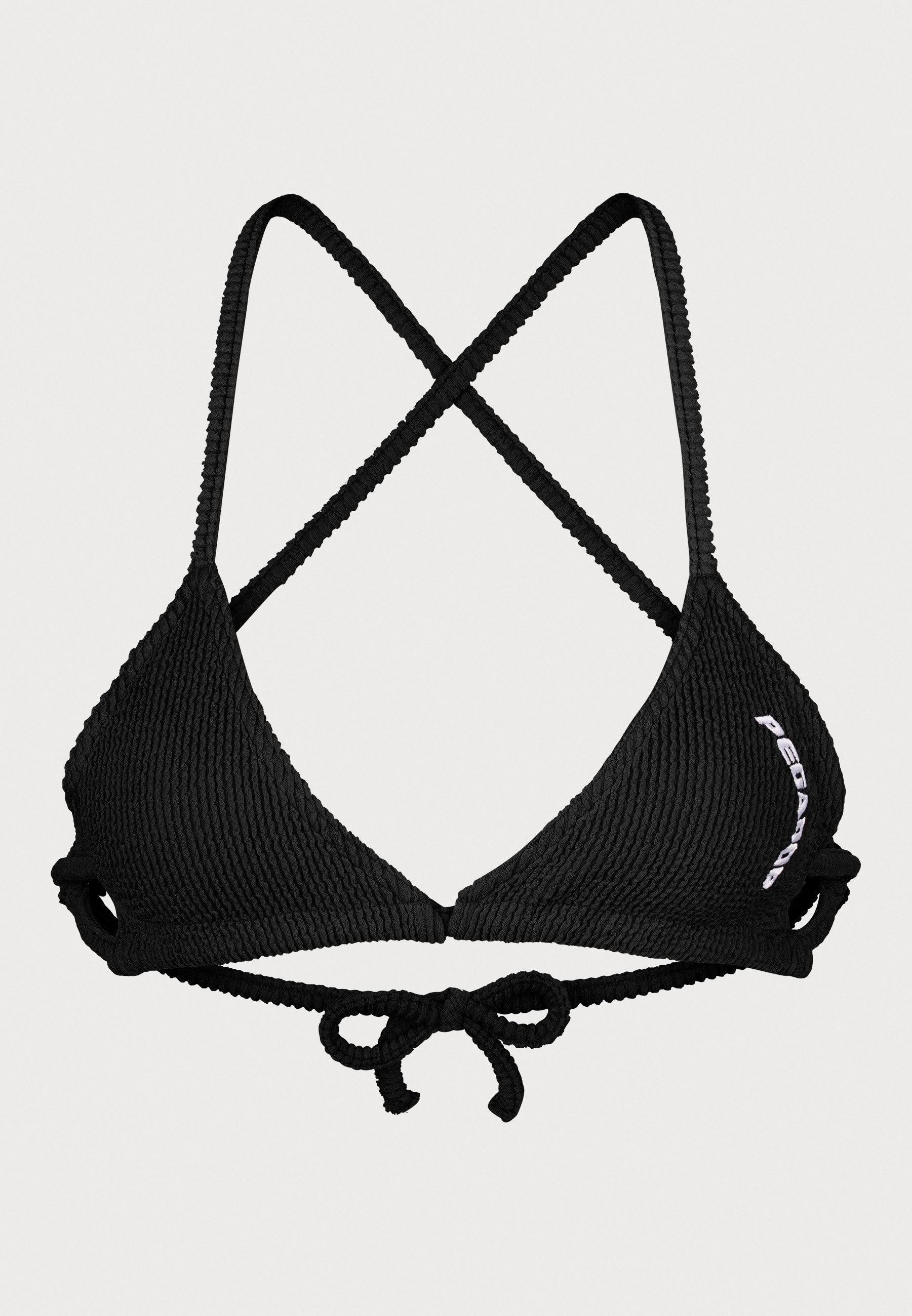Schwarzer Bikini-Oberteil mit gerippter Textur, dreieckigen Cups und überkreuzten Trägern. Verfügt über verstellbare Bindebänder am Rücken mit einem weißen Logo-Akzent.