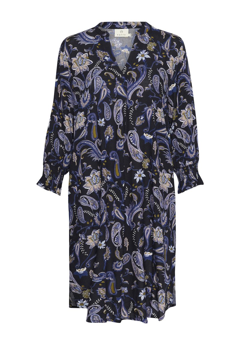 Marineblaues Blumenkleid aus leichtem Material, mit V-Ausschnitt, langen Ärmeln und Paisleymustern in Blautönen, Creme und Grün.