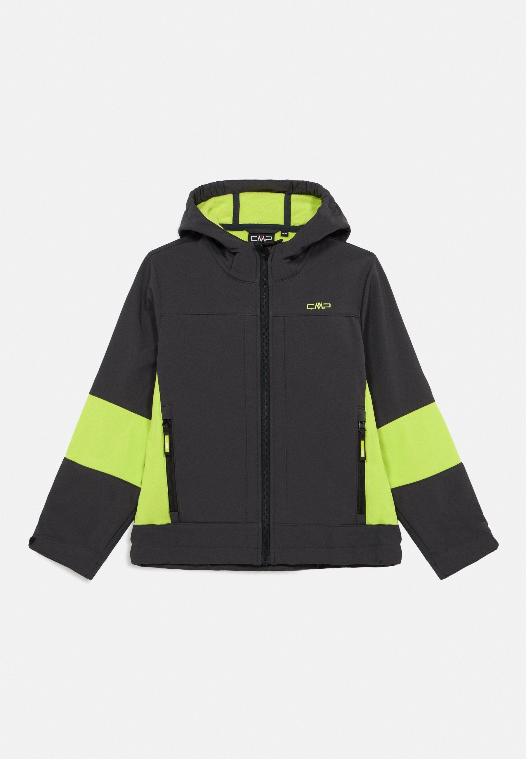 Schwarze Jacke mit Kapuze, ausgestattet mit leuchtend grünen Akzentstreifen. Texturiertes Material, Frontreißverschluss und zwei Seitentaschen.