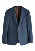 Navyblauer Blazer mit kariertem Muster, Ein-Knopf-Verschluss, Reverskragen und zwei vorderen Taschen, mit einem gemusterten braunen Futter.