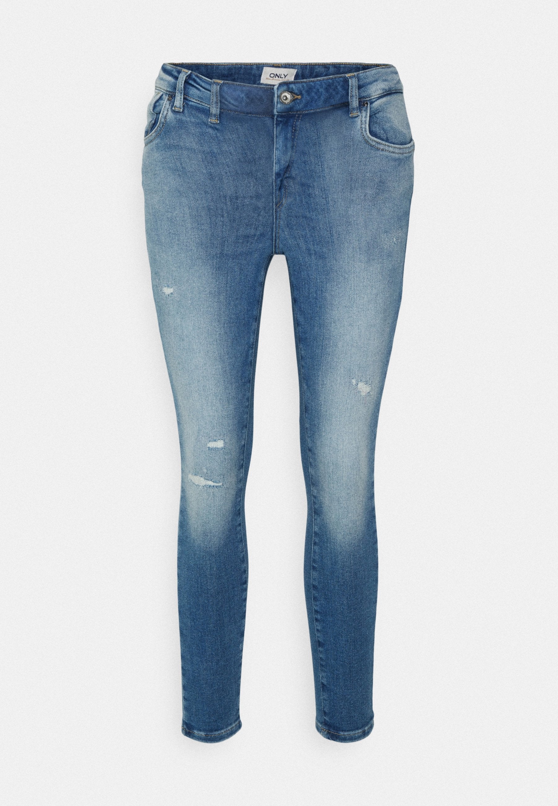 Hellblaue Skinny-Jeans aus Denim mit einem verblassten Finish, ausgewaschenen Details, Fronttaschen und einem Reißverschluss mit Knopfverschluss.