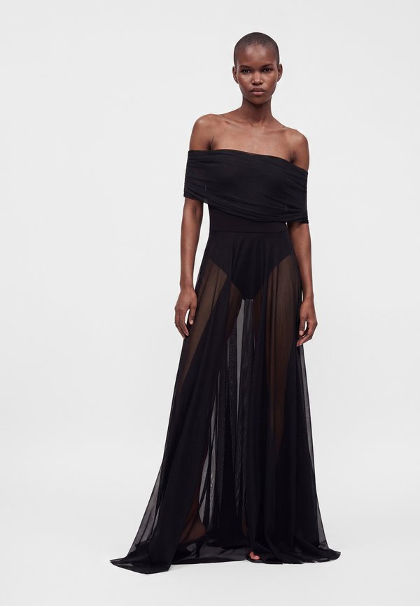 Norma Kamali COWL NECK OFF SHOULDER COMBO FLARED GOWN